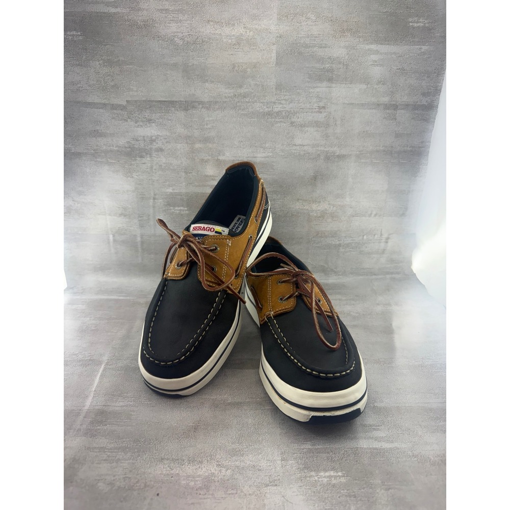 Sebago Docksides Men Sz 9.5M Navy Tan Leather Platform Boat Shoes 254-25